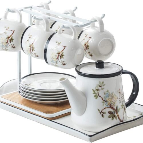 Porcelain Tea Set, Afternoon Tea Set with Teapot Coffee Cup and Saucer Sets of 6 Ceramic Coffee Cups and Saucers with White Cup Holder Display